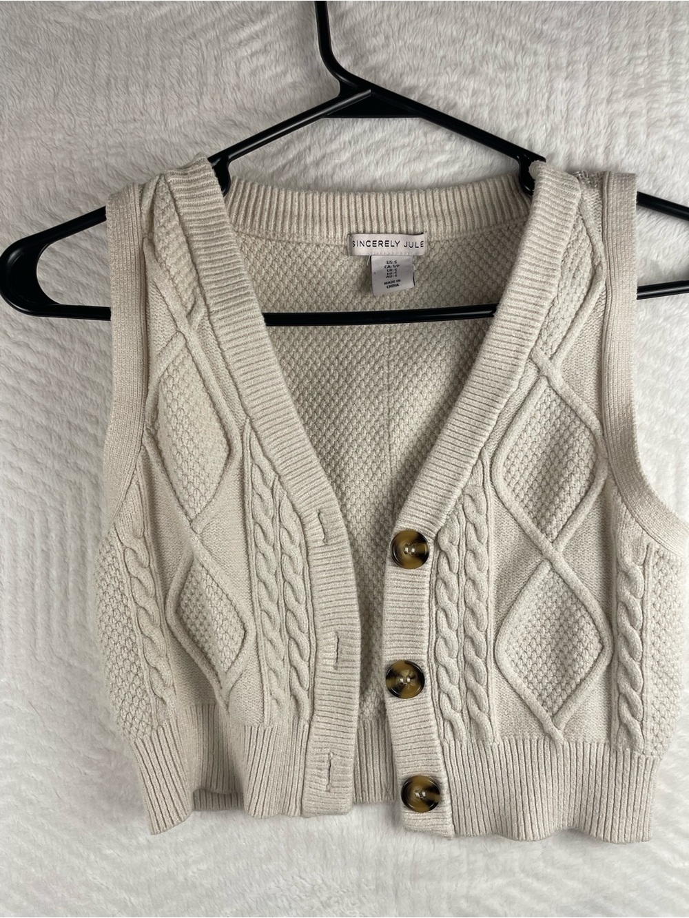 Sincerly Jules Off-White Cable Knit Button Vest